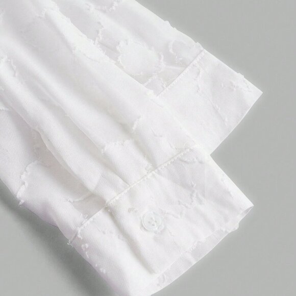 White Casual Women's Jacquard Button Front Solid Long Sleeve Shirt - Picture 5 of 6